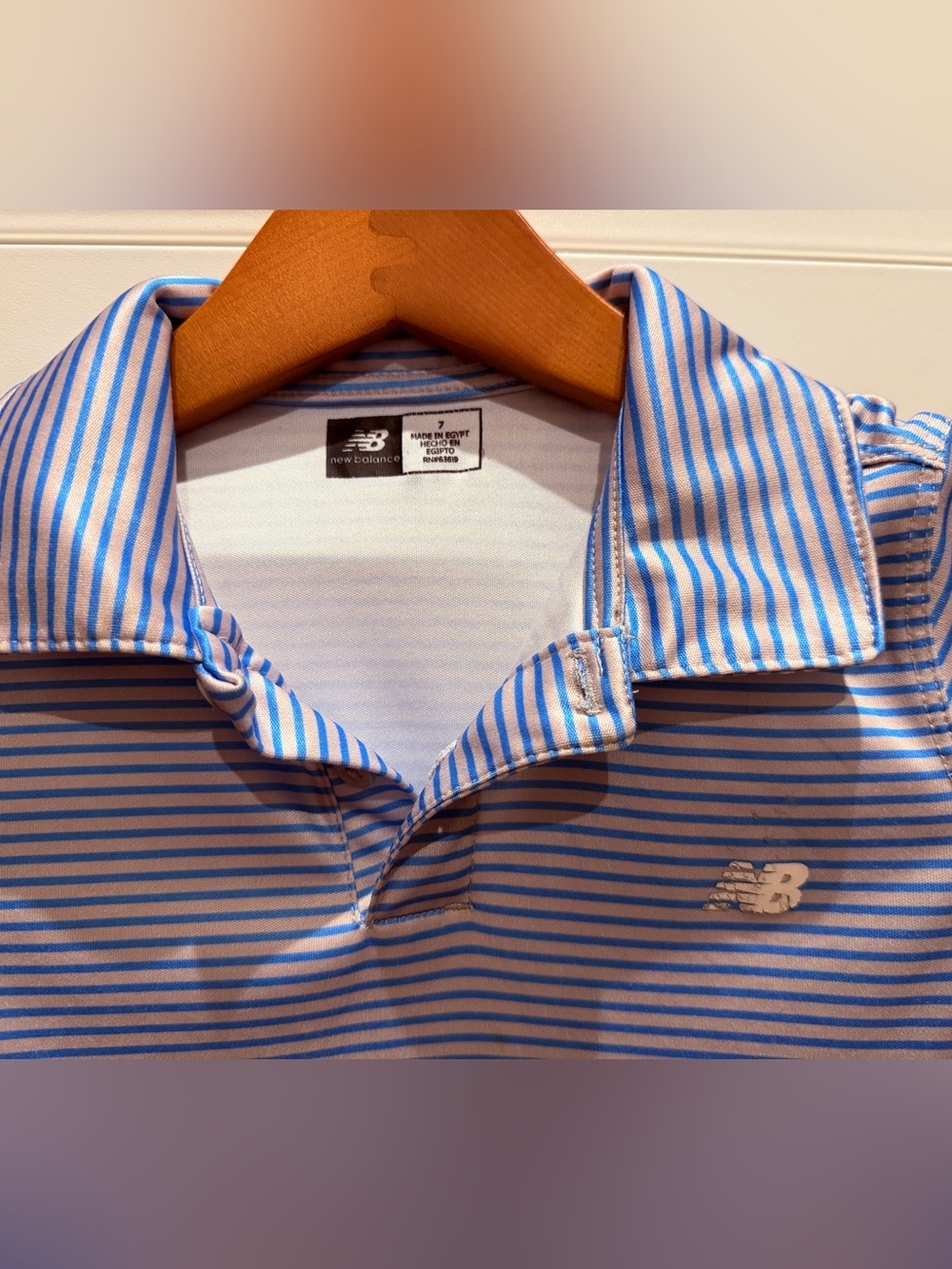 New Balance Blue Striped Kids Polo Shirt Size 7 - Picture 4 of 6